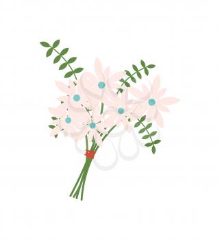 Leather fern foliage vector, decoration of springtime buds isolated icon. Bouquet tied with red thread, flora with leaves, frondage composition of flowers