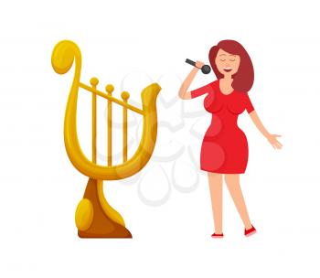 Music award in form of harp vector, lady singer singing isolated cartoon character. Woman in red dress holding microphone, performance of musical contestant