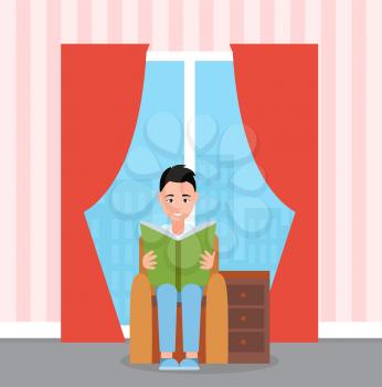 Smiling boy sitting on armchair and reading book. Interior of room, bedside table, panoramic windows with curtains, view of buildings, literature vector