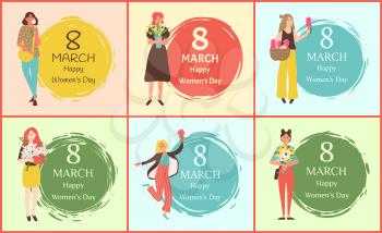 Happy womens day, eight March postcard set decorated by girls with bouquet of flowers, portrait view of females in casual clothes with flavor vector. 8 March