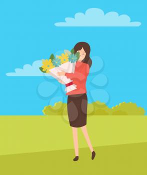Woman on holiday vector, girl holding big bouquet on green lawn with blue sky. Floral yellow and blue flowers, leaves and foliage fillings, happy female