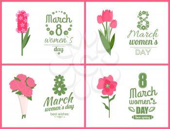 Greeting postcard of womens day decorated by pink flowers, bouquet or flavor with best wishes, papercard set of blossom on white, love spring vector. 8 March