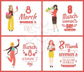 8 March posters vector, womens day with girls holding spring bouquets and smiling. Emotional people girls with roses and pink hyacinth in basket
