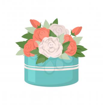 Present in box vector, isolated icon of blue rounded package with flowers. Packet of bouquet, roses with leaves of different shape, flat style drawing