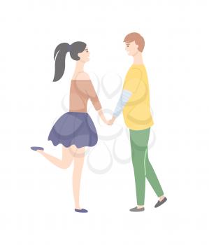 Dating teenagers, girl in short skirt standing on one leg, boy in yellow sweater and trousers isolated people. Vector cartoon students in love, male and female