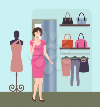 Smilling woman in dress choosing clothes, portrait view of female clothing shop, shelves with fashionable handbags pants and skirts on hanger vector