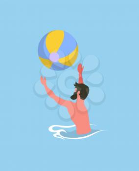 Man playing ball in water, tossing and catching colorful rubber round in stripes. Side view of male with beard, splashing or training in pool vector