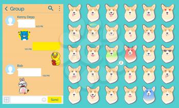 International social network vector, messanger chatting page with stickers. Emoticons of dog, emotional doggy with angry, sad and happy faces set