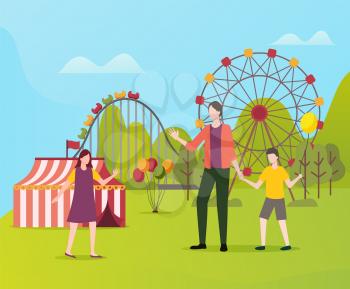 Family father with kids vector, dad with daughter and son having fun in amusement park. Man with children, ferris wheel and roundabout, selling tent
