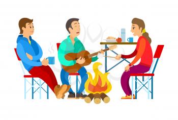 People in sport suit near bonfire singing song with guitar, man and woman sitting on chairs, person holding branch near fire, tourists and picnic vector