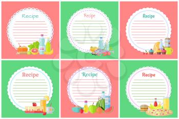 Recipe with blank banners vector, food bottles with water and jar with juice, hamburger and pizza. Watermelon and strawberry cheesecake cake dietary