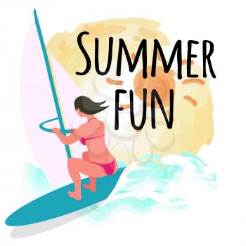 Summer fun postcard decorated by drawing sun and windsurfing woman, back view of person on board wearing pink swimsuit, female surfing, waves vector