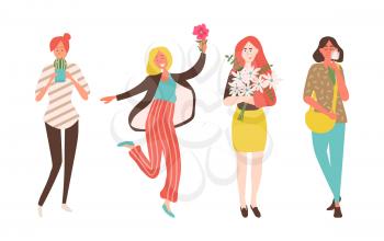 Cheerful woman with flowers celebrating spring holidays isolated on white. Vector female people with blooming bouquets, smiling ladies with 8 March gifts