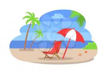 Seaside water and beach isolated vector. Coastline with sea and palm trees, bushes growing on sand. Umbrella and chaise deck chair, starfish on ground