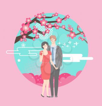 People in love vector, man and woman standing under sakura tree enjoying view of cherry blossom and flourishing flowers on branch, romantic date