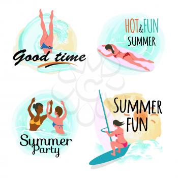 Summertime vacation vector, set of people on holidays flat style, people in water sea adventures of friends swimming and windsurfing, surfboarding