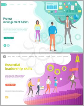 Project management basics, essential leadership skills, teamwork researching process, growing of company, presentation analysis, rising step. Website page template, landing web flat style vector