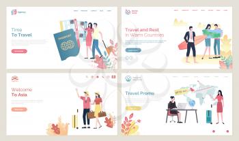 Time to travel vector, people wearing Chinese hats from Asia. Passport and flight tickets, couple with baggage, agency with offer sale on tours. Website or webpage template, landing page flat style