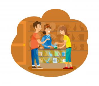 Couple of tourists buying souvenirs at shop vector. People standing inside store with cups and clocks, statue and handmade items. Flat style drawing
