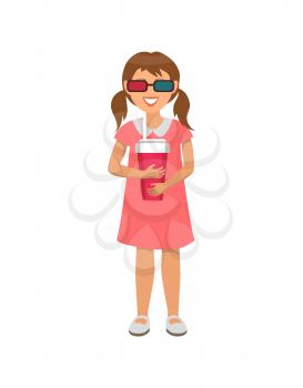 Little girl in pink dress in virtual reality glasses and cup of soda drink. Child going to visit cinema isolated person. Movie visitor, small kid in VR device
