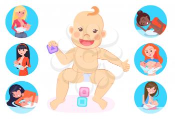 Motherhood vector, baby wearing diaper playing with cubes, woman with kid caring for children, Breastfeeding mother with newborn child isolated set