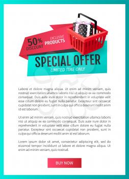 Special offer of shop, natural product guarantee web page template vector. Shopping basket with gift, present with bow. Premium goods price reduction