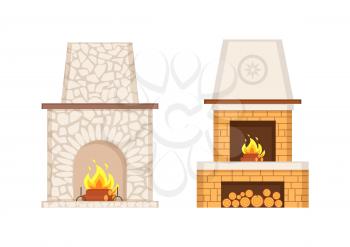 Fireplace with flames and burning logs icons set vector. Stone and brick pavement of furnace, prolonged chimney type, storage for wooden branches
