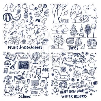 Four layouts sample of fruits trees school holiday vector illustration with different pines leaves bushes, school stuff and Christmas sweets snowflake