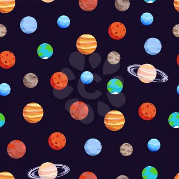 Celestial bodies collection, poster with seamless pattern and planets, Jupiter and Uranus, Earth and Pluto, vector illustration isolated on black