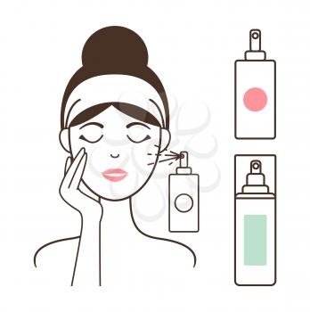 Woman in headband applies healthy micellar water with spray bottle on her face isolated cartoon flat vector illustrations set on white background.