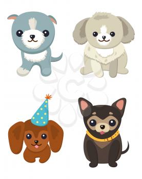 Four pretty puppies isolated on white background, vector illustration of cheerful colorful dogs with yellow dog-collar and cute blue celebration hat