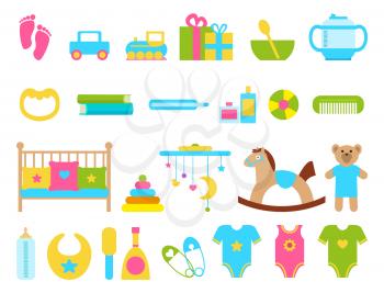 Toys and childish objects, collection of items for kids, cradle and pillows, toys and clothes, pins and presents, bowl and spoon, vector illustration