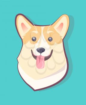 Dog emoticon, excited puppy sticking out its long tongue, black nose and eyes, cute long ears, symbolic pet vector illustration isolated on blue