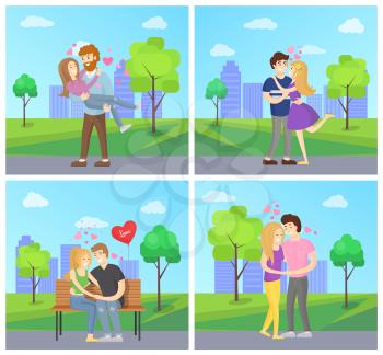 Boy and girl hugging with hearts showing love and passion, on wooden bench vector in green park, rural landscape with trees and bushes posters set