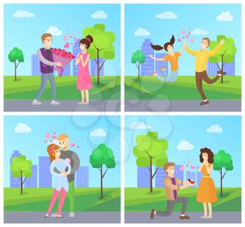 Dating couples posters set man presenting flower bouquet to woman, making proposal with ring, hugging and jumping , city area landscape trees and bushes