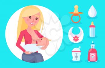 Young mom with bright hair feeding cute small baby, vector illustration isolated on blue, white circle and cream drop, bib and nipple, set of bottles