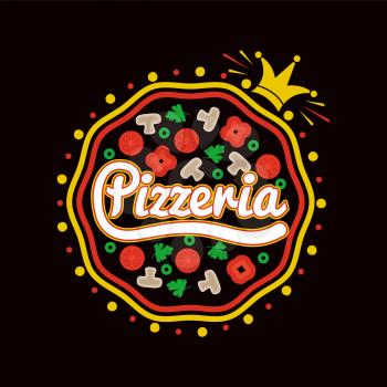 Pizzeria promotional logotype with whole pizza full of mushrooms and small gold crown isolated cartoon flat vector illustration on white background.