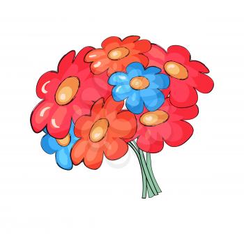 Bouquet of colorful flowers of pink and blue color vector illustration isolated on white background. Luxury spring blooming plants in cartoon design