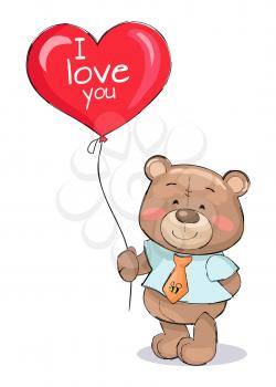 I love you heart shape balloon in hands of cute teddy-bear vector illustration of stuffed toy in gentleman suit with tie, smiling bear isolated on white