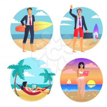 Business summer, freelance poster, businessman with surfboard wearing suit, woman with laptop in hammock, sunset and reflection vector illustration