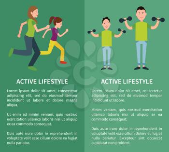 Active lifestyle posters set with mother and daughter jogging together, father and son training with dumbbells vector activities healthy way of life