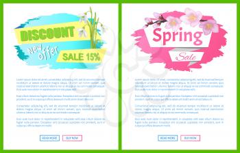Spring sale advertisement labels branch of sakura or cherry blooming flowers vector on web page push buttons read and buy now, blossoms of springtime