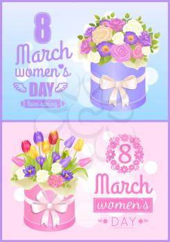 8 March Womens day, love spring, set of posters with headline and bouquets in boxes decorated with ribbons, collection isolated on vector illustration