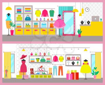 Pair of colorful cards with bright clothes shops, vector illustration pink frames, racks and bags, pairs of shoes, perfumes and jewelry, cute dresses