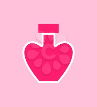 Perfumes poured in bottle made of glass in form of heart, poster with elegant product and romantic view for women, isolated on vector illustration
