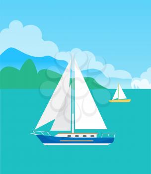 Two pretty sailboats, color vector illustration with pair of blue and yellow vessels, round clouds, shiny day, calm sea, green mountains silhouette