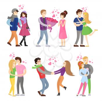 Boy and girl hugging with hearts showing love and passion, vector illustration isolated on white, girlfriends and boyfriends cartoon characters