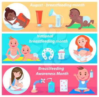National breastfeeding month in august banner vector illustration with pair of twins with orange hair, stuff for feeding process, happy kids with moms
