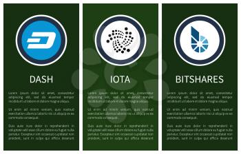 Round cryptocurrency symbols on promo posters with sample texts. Blue dash, black and white iota and ethereum of geometric parts vector illustrations.