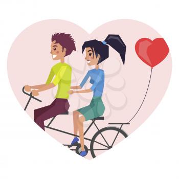 Man and woman riding bicycle together, balloon in shape of heart tied to bike, celebration of holiday vector illustration, isolated on white